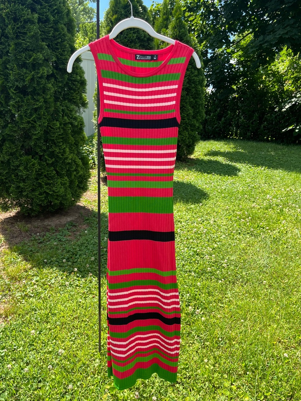 New York & Company Hot Pink, Green & Black Striped Ribbed Maxi Dress